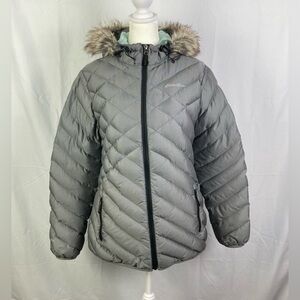 Eddie Bauer Hooded Jacket Women’s Medium Goose Down Faux Fur Packable Gray EB650